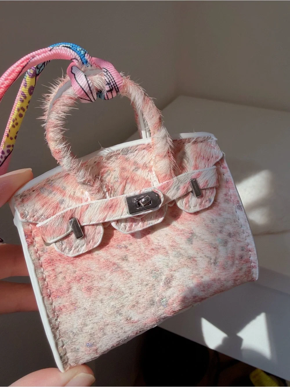 Handmade Pink Horsehair & Leather Mini Bag Charm